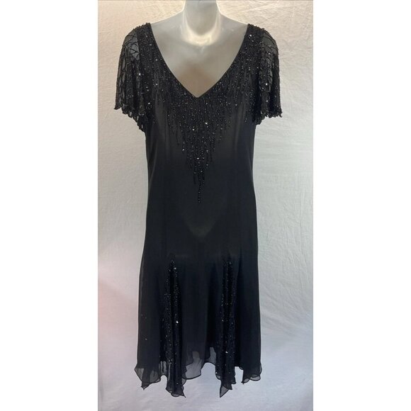 JKARA Beaded sequined Black Short flutter Sleeve midi Party Dress size 14 formal - Picture 3 of 13